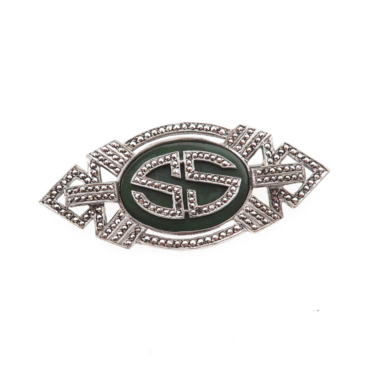 Kimler & Daniel 925 Sterling Antique Onyx Marcasite Brooch (missing 2 stones)