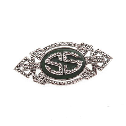 Kimler & Daniel 925 Sterling Antique Onyx Marcasite Brooch (missing 2 stones)