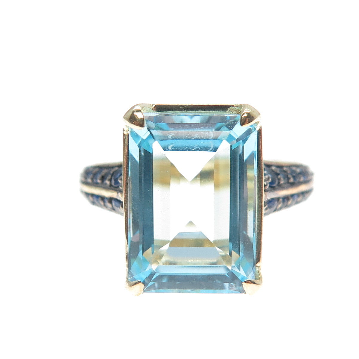 DSMK 925 Sterling Silver Gold Plated Real Blue Topaz & Sapphire Ring Size 7.25