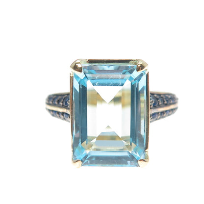DSMK 925 Sterling Silver Gold Plated Real Blue Topaz & Sapphire Ring Size 7.25