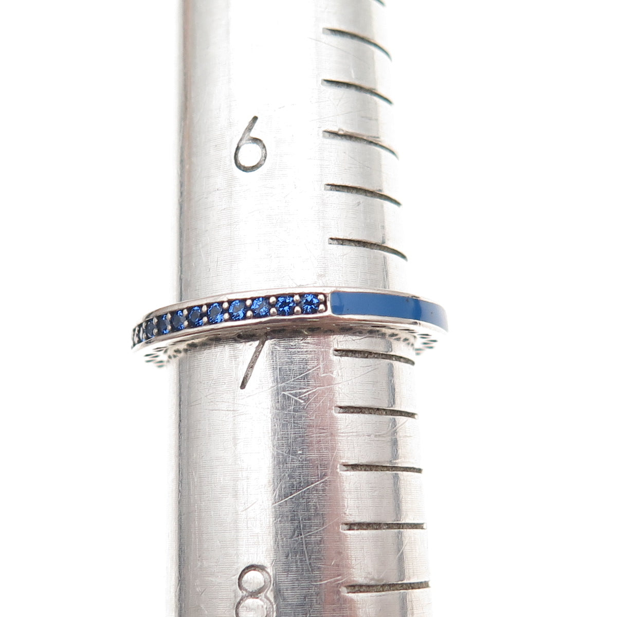 Pandora 925 Sterling Silver Enamel & Blue C Z Radiant Hearts Band Ring Size 7