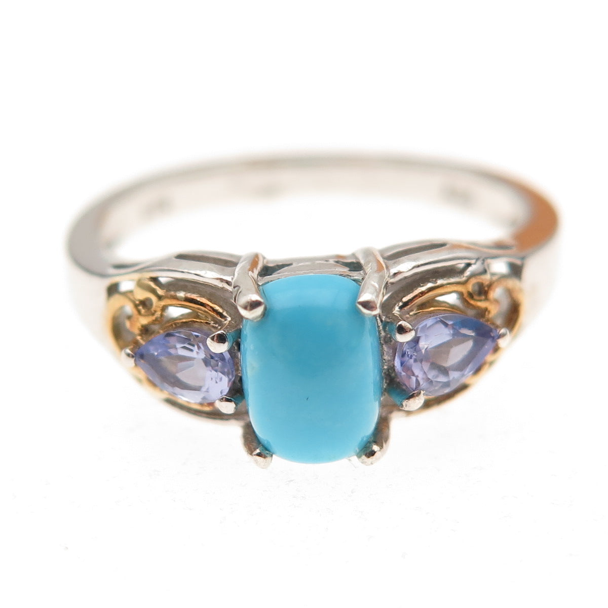 Chuck Clemency 925 Sterling 2-Tone Real Turquoise & Tanzanite Ring Size 8.25