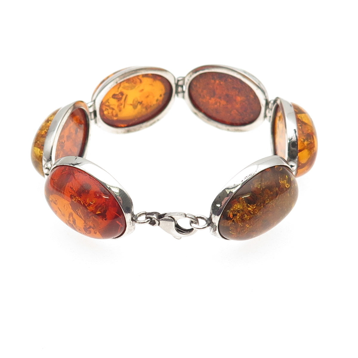 925 Sterling Silver Vintage Real Cabochon Amber Link Bracelet 7"