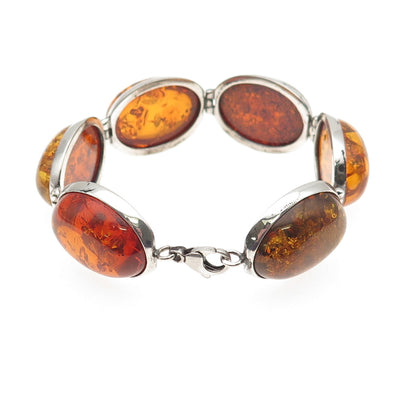925 Sterling Silver Vintage Real Cabochon Amber Link Bracelet 7"