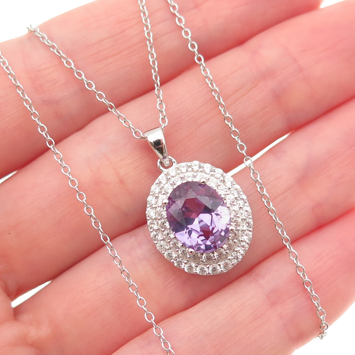 925 Sterling Silver Real White Topaz & Lab-Created Peacock Sapphire Necklace 18"