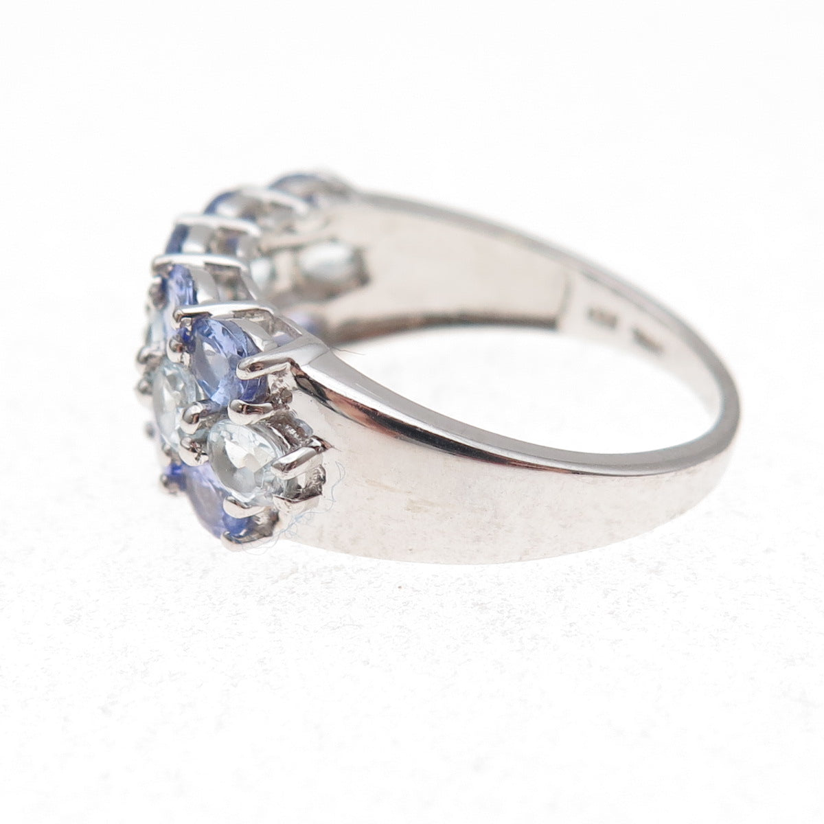 925 Sterling Silver Real Oval-Cut Tanzanite & Aquamarine Cluster Ring Size 8