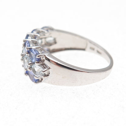 925 Sterling Silver Real Oval-Cut Tanzanite & Aquamarine Cluster Ring Size 8