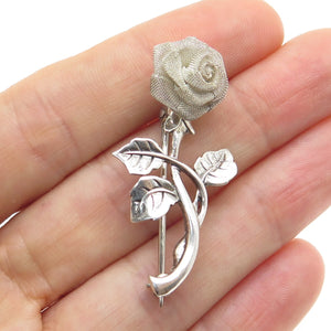 925 Sterling Silver Vintage Mesh Rose Flower Pin Brooch