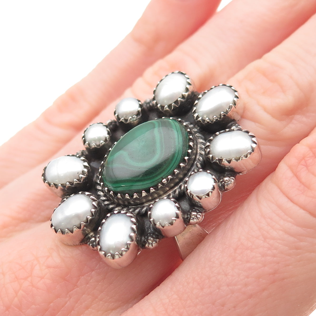 925 Sterling Silver Vintage Real Malachite & Pearl Statement Ring Size 9