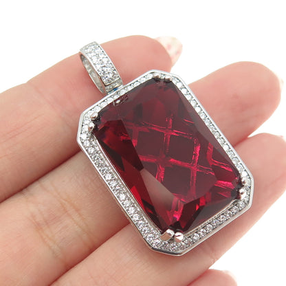 925 Sterling Silver Radiant-Cut Red Glass & Round-Cut C Z Pendant