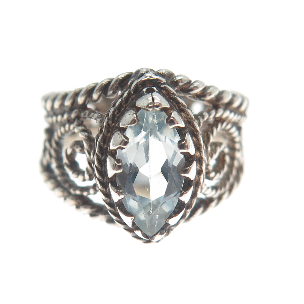 CHATEAU D'ARGENT Sterling Silver Vintage Real Blue Topaz Oxidized Ring Size 5.75