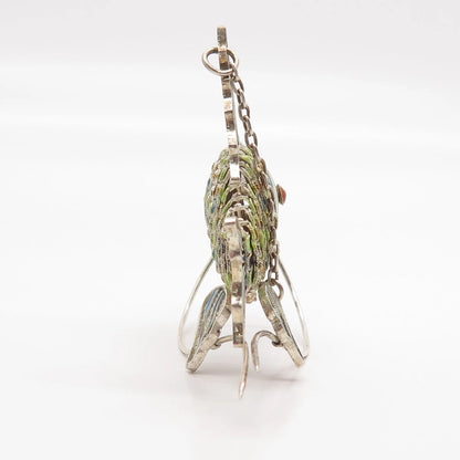 925 Sterling Silver Antique Enamel Chinese Koi Fish Articulated Fob / Pendant