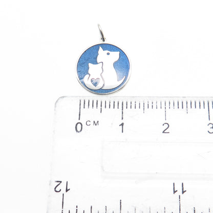 925 Sterling Silver Blue Enamel Dog & Cat Friendship Minimalist Charm Pendant