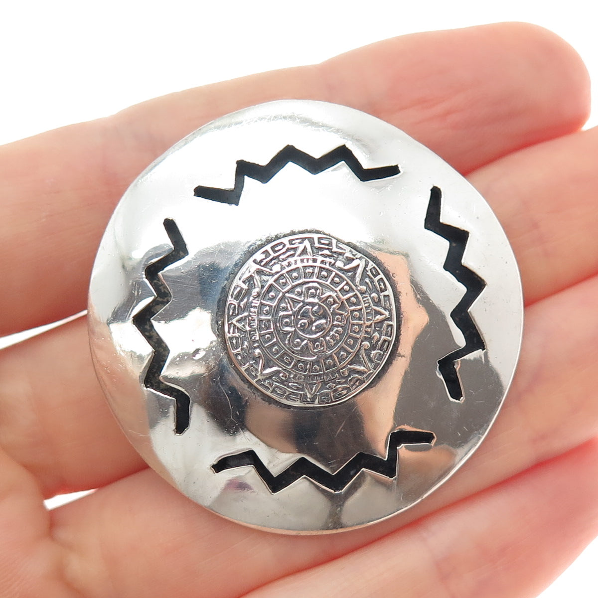 925 Sterling Silver Vintage JS Mexico Mayan Calendar Disc Pin Brooch / Pendant