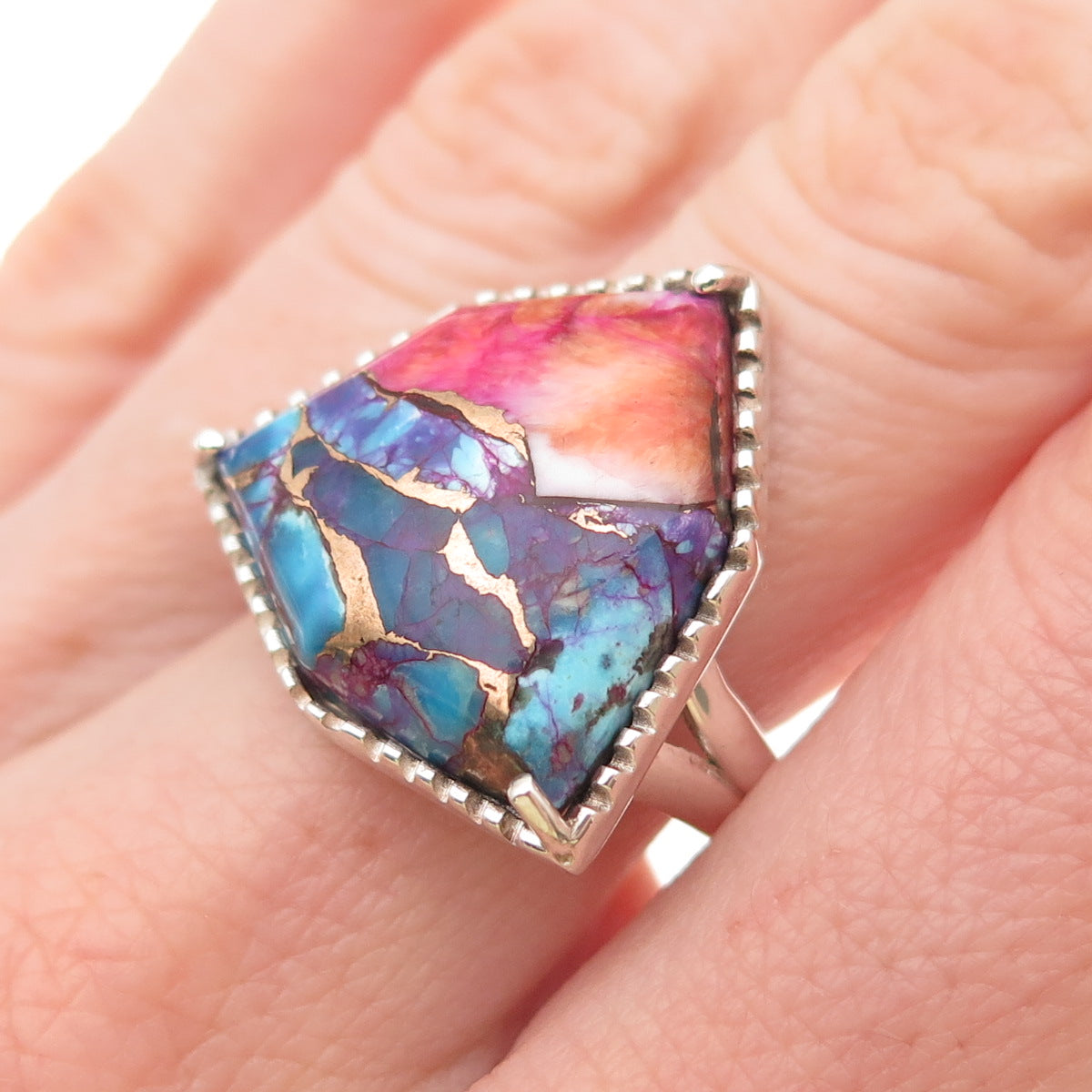 925 Sterling Silver Vintage Real Pink Spiny Oyster Turquoise Ring Size 7.25