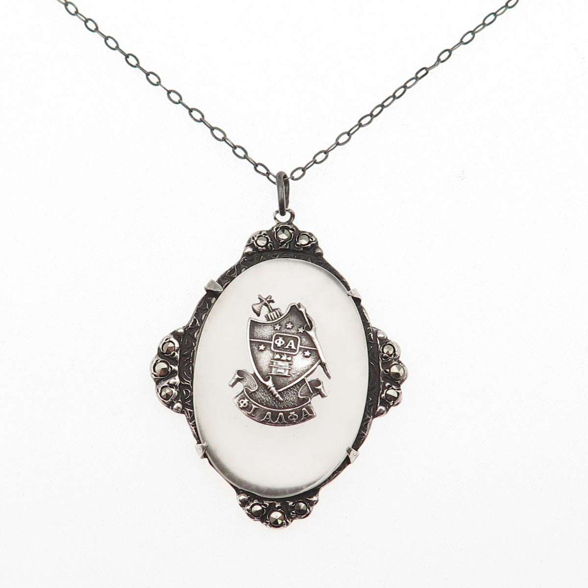 925 Sterling Antique Real Marcasite Camphor Frosted Glass Phi Alpha Necklace 16"