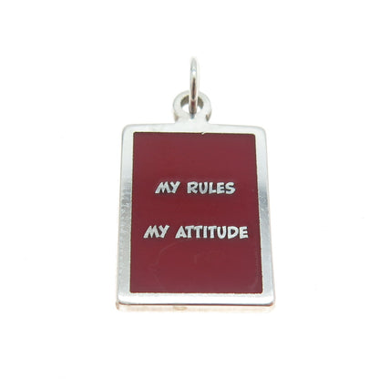 925 Sterling Silver Red Enamel "My Rules My Attitude" Minimalist Charm Pendant