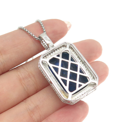 925 Sterling Silver Blue Glass & White C Z Round Box Chain Necklace 16"