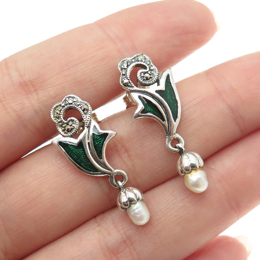 925 Sterling Silver Vintage Enamel Real Pearl Marcasite Floral Dangling Earrings