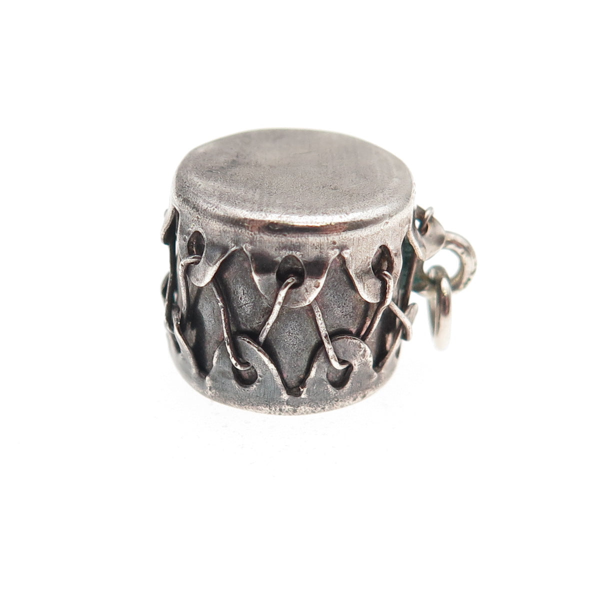 925 Sterling Silver Antique Art Deco Drum Oxidized 3D Mini Charm Pendant