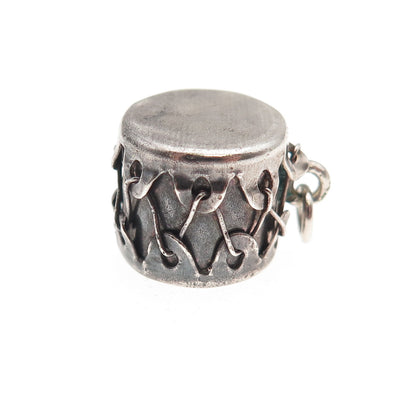 925 Sterling Silver Antique Art Deco Drum Oxidized 3D Mini Charm Pendant