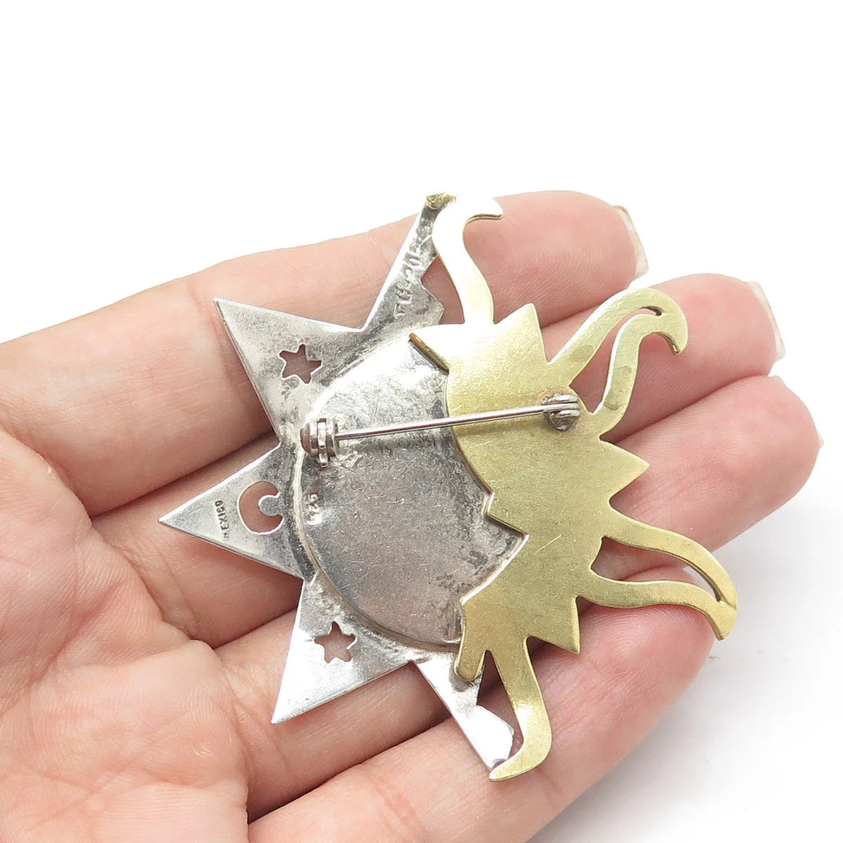 925 Sterling Silver 2-Tone Vintage Mexico Handmade Sun & Stars Pin Brooch