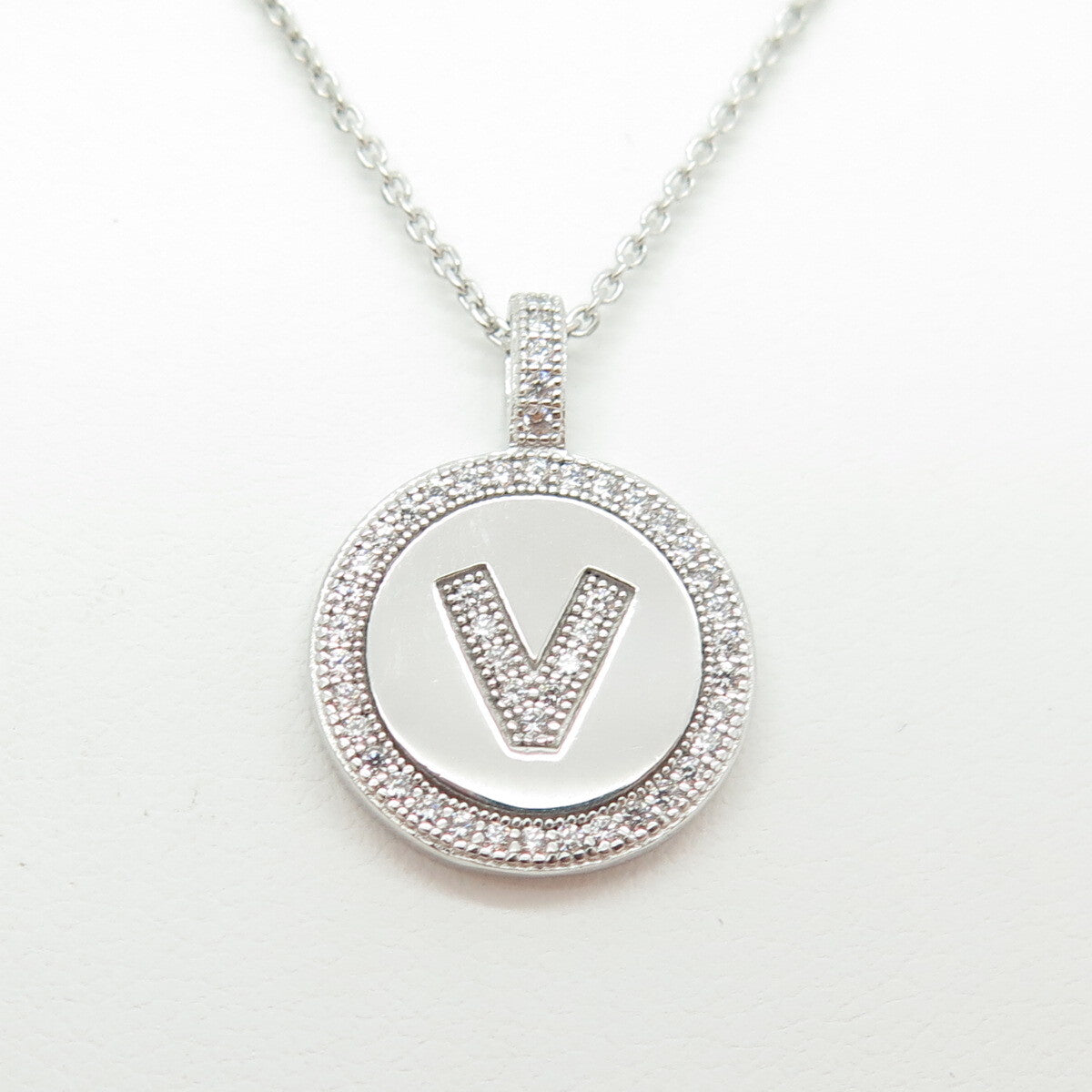 925 Sterling Silver C Z Letter "V" Initial Cable Chain Necklace 16"