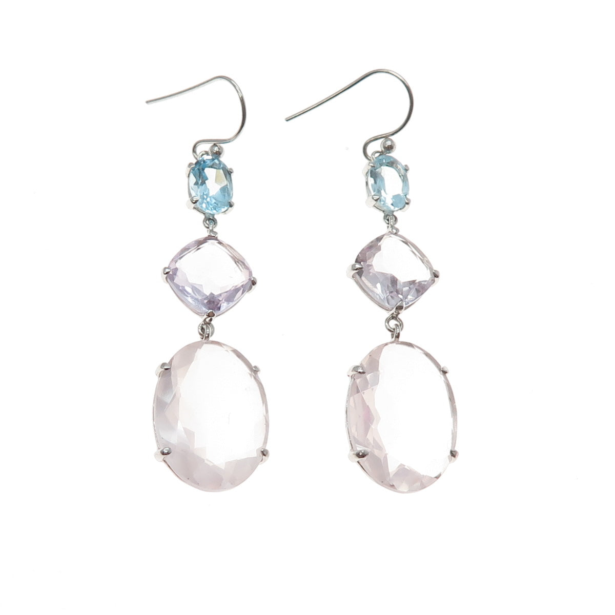 DSMK 925 Sterling Silver Real Rose Quartz Amethyst & Blue Topaz Dangle Earrings