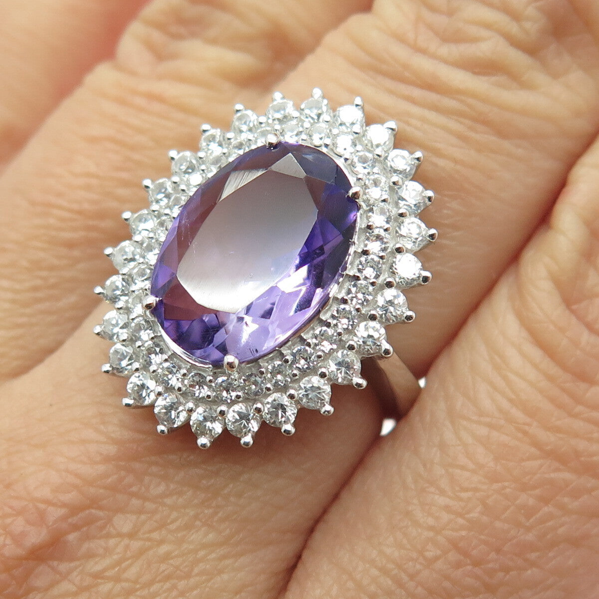 DSMK 925 Sterling Silver Oval-Cut Amethyst Round-Cut White Topaz Ring Size 7.25