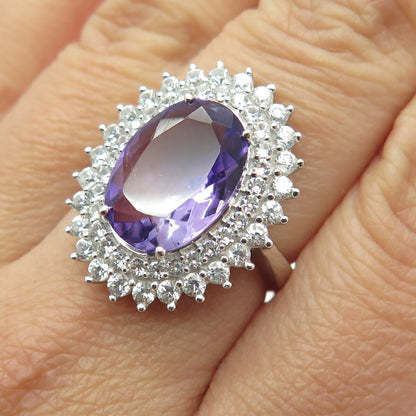 DSMK 925 Sterling Silver Oval-Cut Amethyst Round-Cut White Topaz Ring Size 7.25