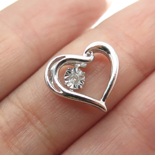 ZEI 925 Sterling Silver Real Round-Cut Diamond Heart Minimalist Slide Pendant