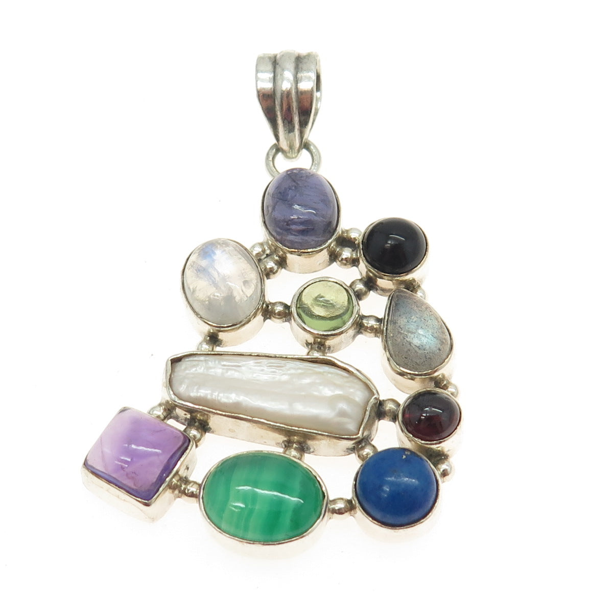 925 Sterling Silver Vintage Pearl Amethyst Agate Moonstone Lapis & Onyx Pendant