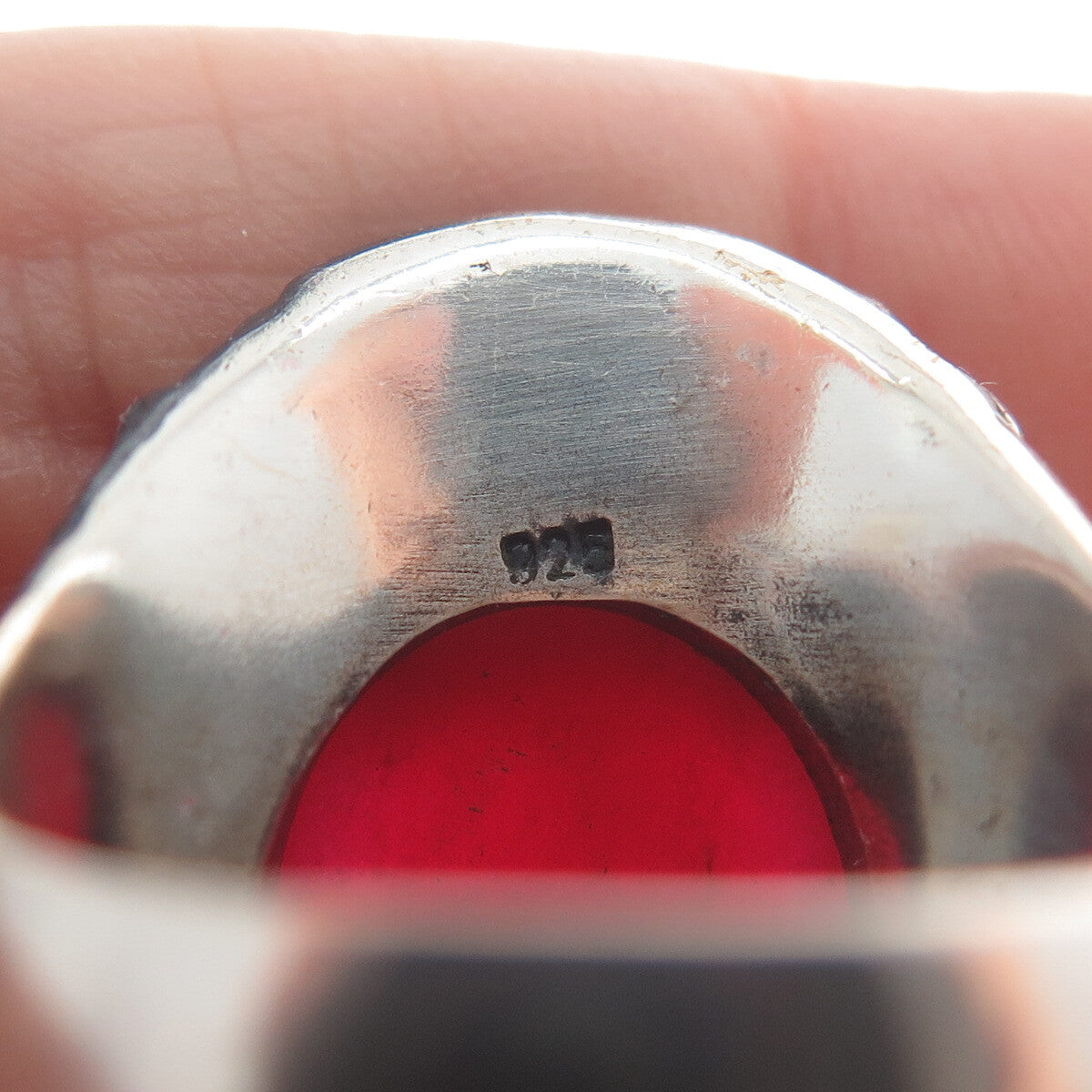 925 Sterling Silver Vintage Real Rhodonite Circle Link Oxidized Ring Size 9