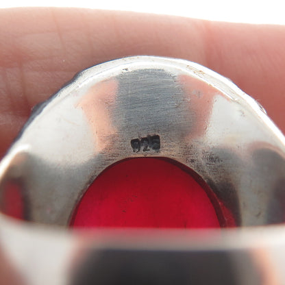 925 Sterling Silver Vintage Real Rhodonite Circle Link Oxidized Ring Size 9