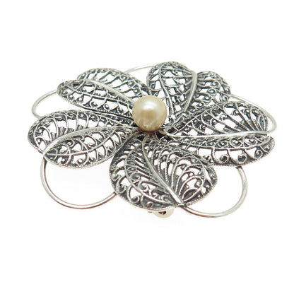 BEAU 925 Sterling Silver Vintage Faux Pearl Floral Filigree Pin Brooch