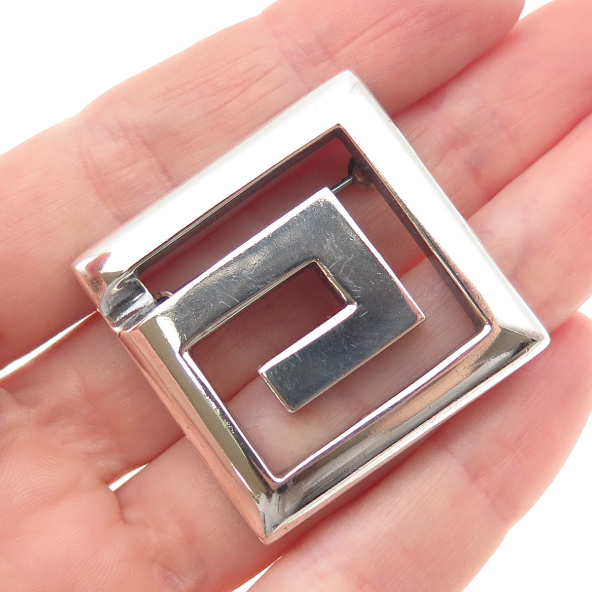 925 Sterling Silver Vintage Modernist Spiral Square Oxidized Pin Brooch