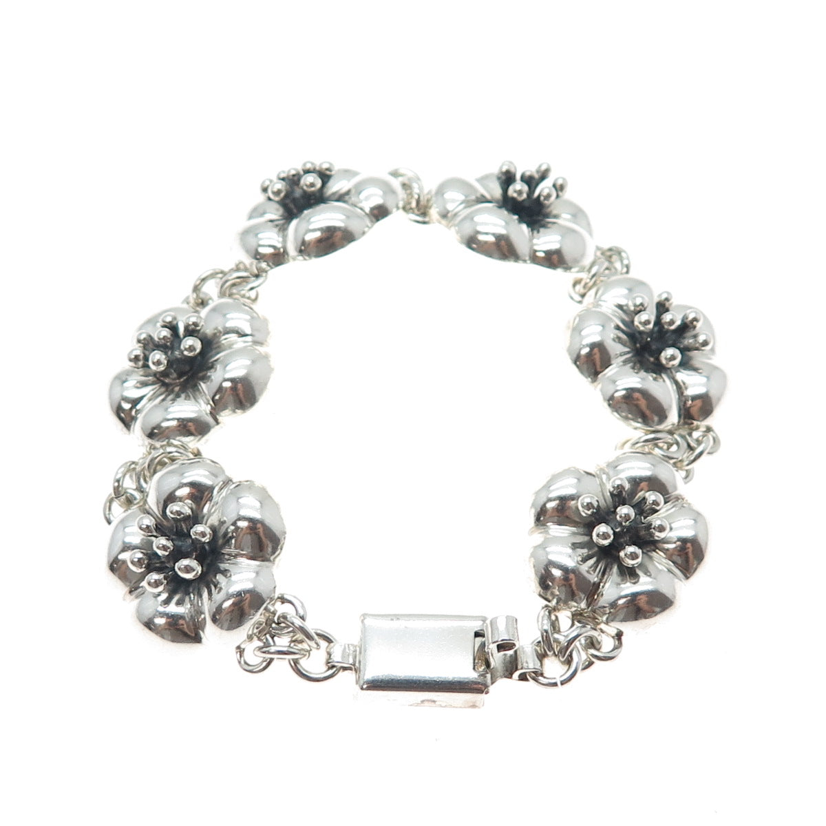 925 Sterling Silver Vintage CII Mexico Flower Blossom Oxidized Bracelet 7.25"