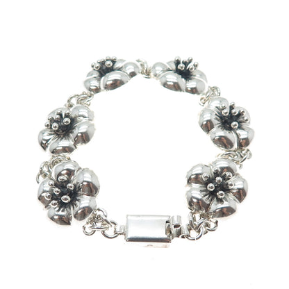 925 Sterling Silver Vintage CII Mexico Flower Blossom Oxidized Bracelet 7.25"
