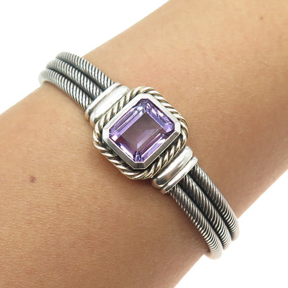 925 Sterling Silver & 14K Gold Vintage Real Amethyst Adjustable Cuff Bracelet 7"