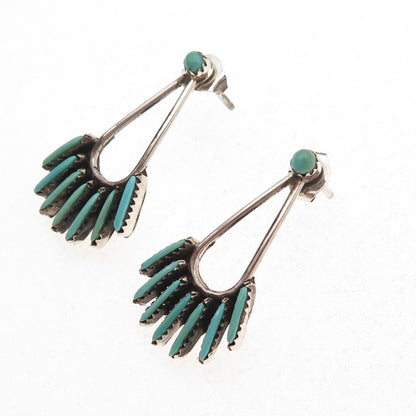 Old Pawn Sterling Silver Vintage Turquoise Needlepoint Tribal Dangle Earrings