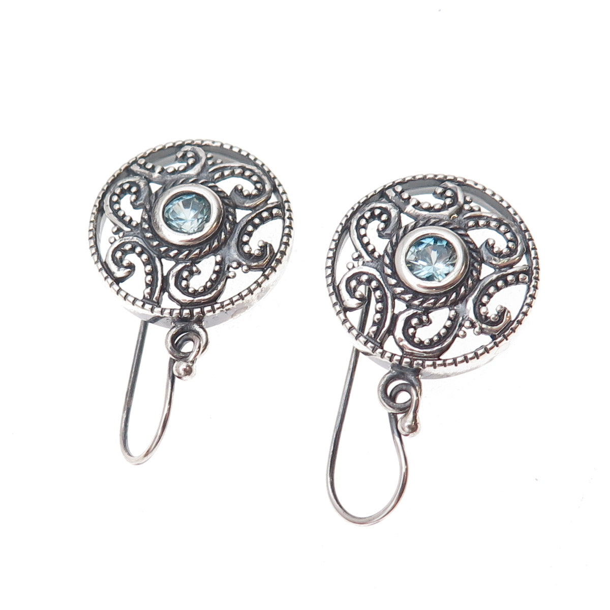 925 Sterling Silver Vintage Real Blue Topaz Floral Scroll Dangle Earrings