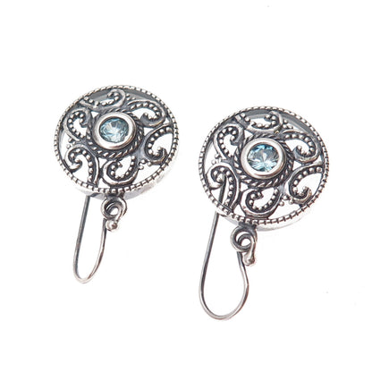 925 Sterling Silver Vintage Real Blue Topaz Floral Scroll Dangle Earrings