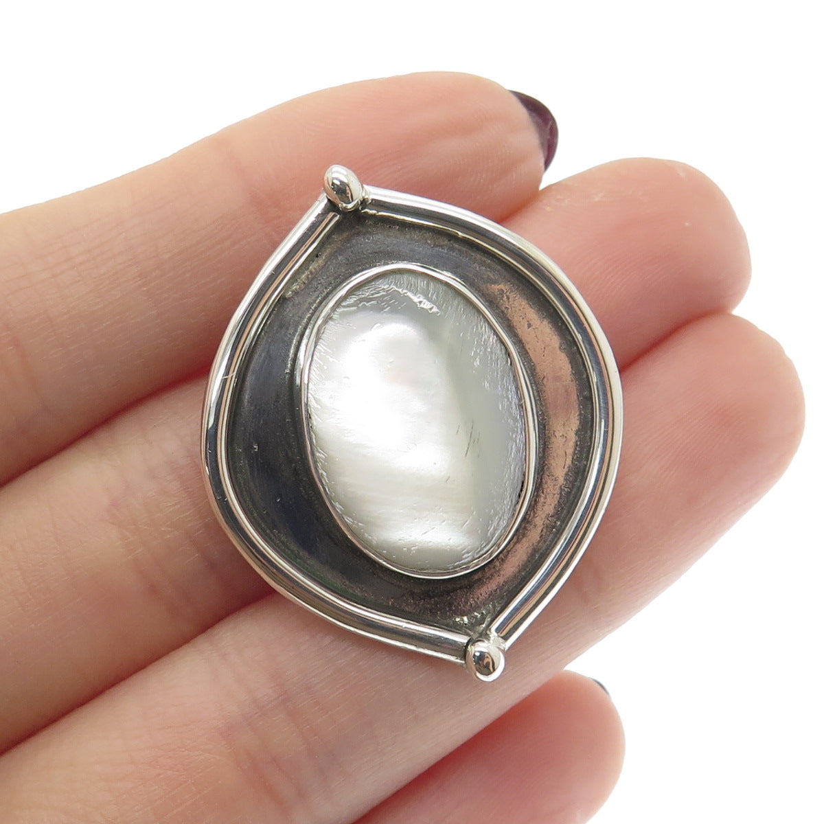 925 Sterling Silver Vintage Real Mother-of-Pearl Modernist Evil's Eye Pendant