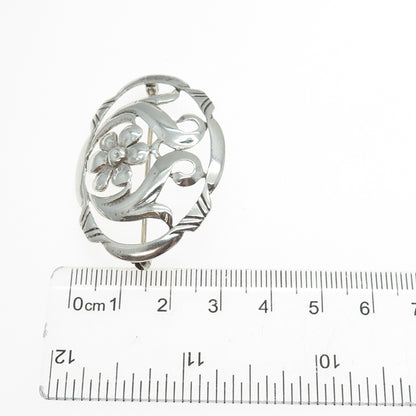 925 Sterling Silver Vintage Flower Blossom Oxidized Pin Brooch