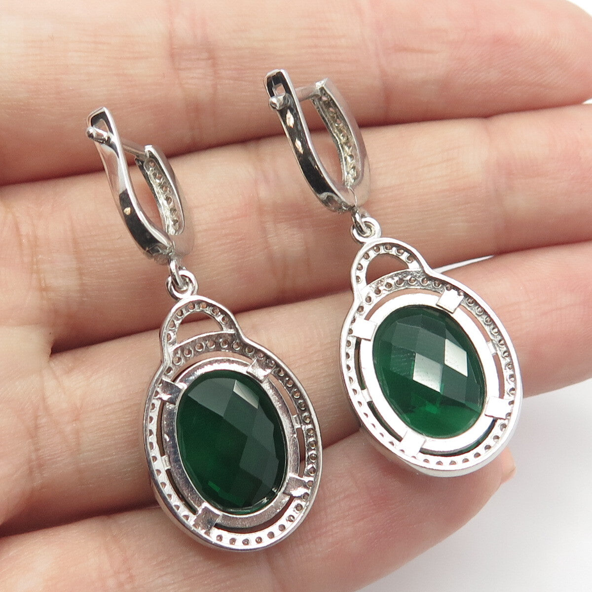 925 Sterling Silver White & Green C Z Dangling Earrings