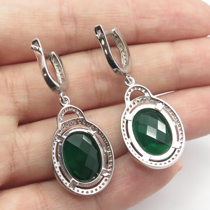 925 Sterling Silver White & Green C Z Dangling Earrings