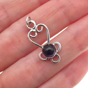 925 Sterling Silver Vintage Real Amethyst Heart Ornate Charm Pendant