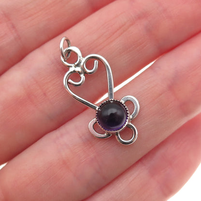 925 Sterling Silver Vintage Real Amethyst Heart Ornate Charm Pendant
