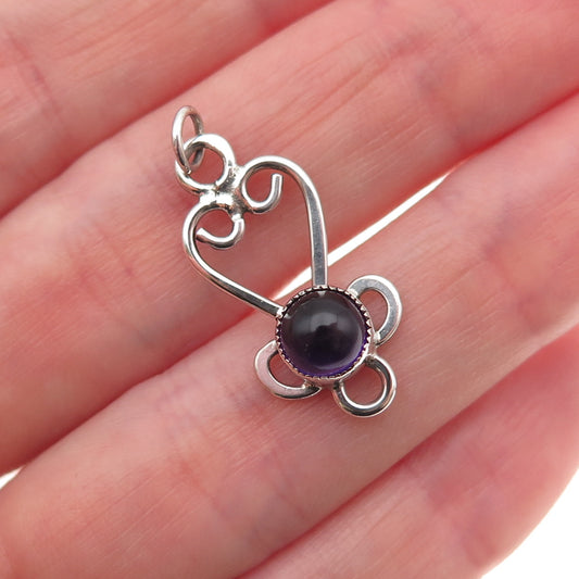 925 Sterling Silver Vintage Real Amethyst Heart Ornate Charm Pendant