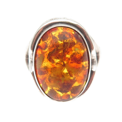 Fischland 835 Silver Vintage Germany Real Amber Modernist Ring Size 7.5